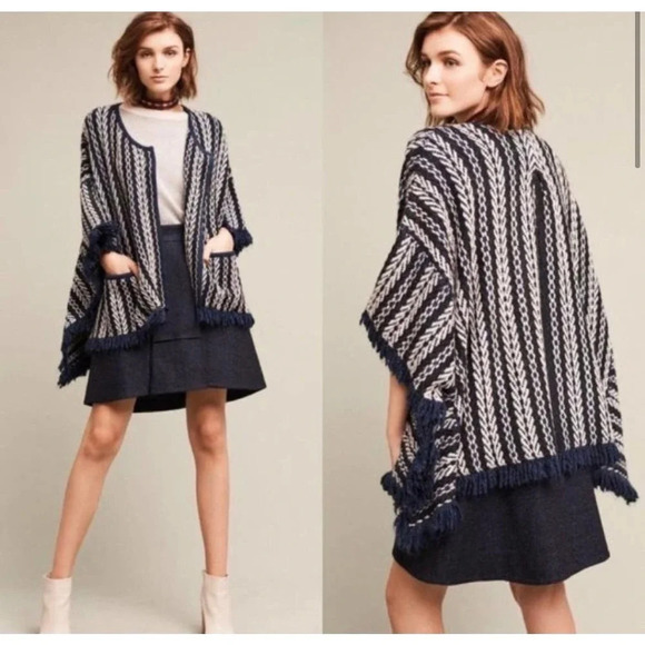 Anthropologie Sleeping on Snow Tajo‎ Poncho Sweater Fringe Knit Blue One Size - Picture 1 of 12